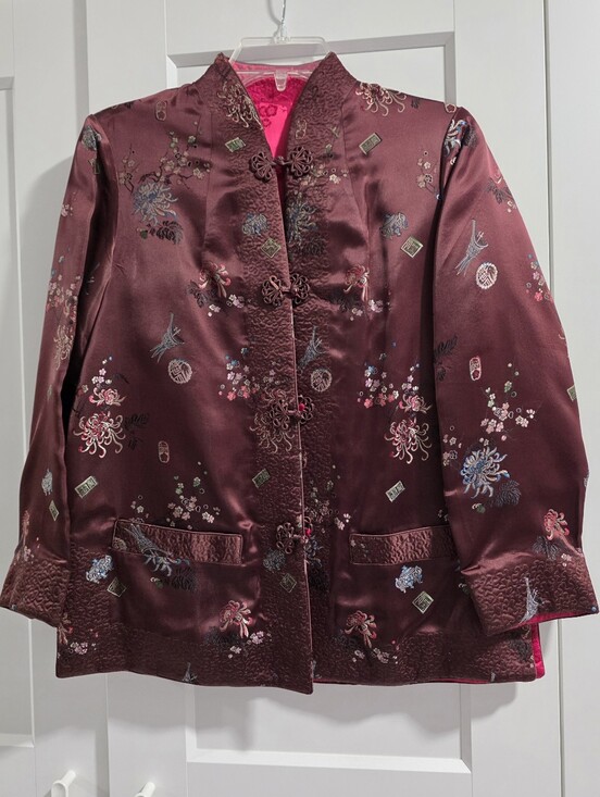 Jackets & Blazers - Womans Chinese Reversible Silk Jacket. Chocolate Floral With Reversible Fushia.